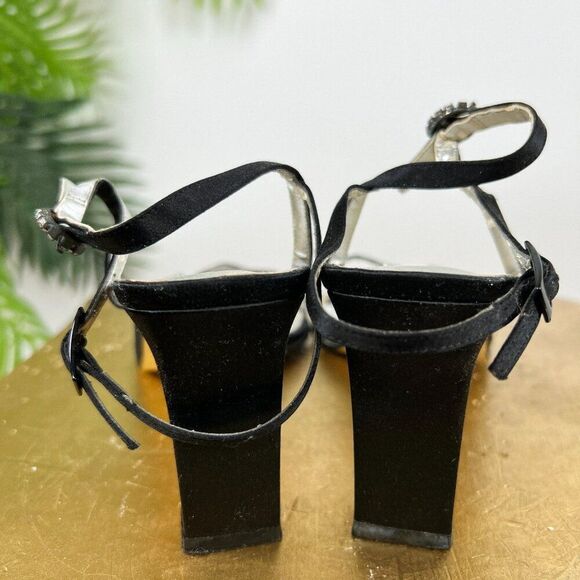 Vintage Y2K Black Elegant Open Toe Slip On 2000s Rhinestone Kitten Heels / 7 - Picture 5 of 11